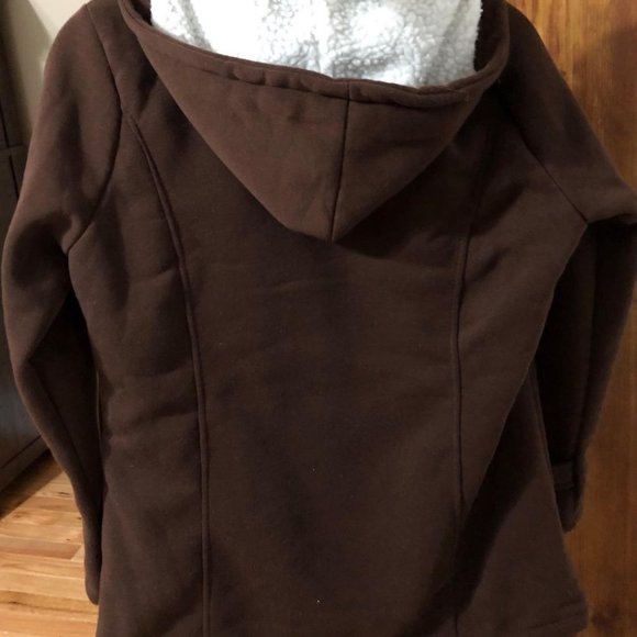 Pea Coat Jacket Brown Hood Toggles& Zipper Pockets - Picture 8 of 16